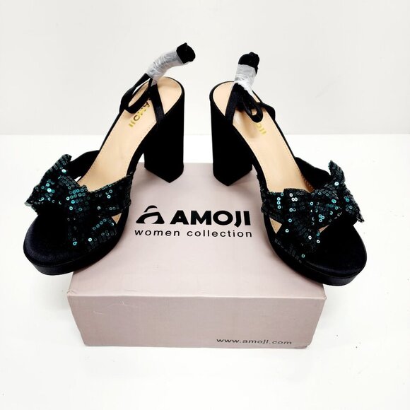 Amoji Womens Sequin Bow High Heel Sandals Black/Green Size 38 /US 8 - Picture 5 of 16